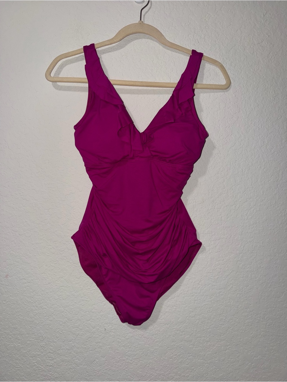Lauren Ralph Lauren Fuchsia One-Piece Swimsuit with Ruffle V-Neck